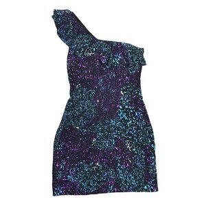 Charlie Jade Women's Size XS One Shoulder Dress Silk Ruffle Black Purple Teal